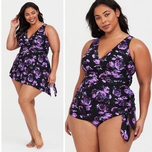 torrid Asymmetrical Purple/Black Floral Side slit convertible swimsuit dress 1X